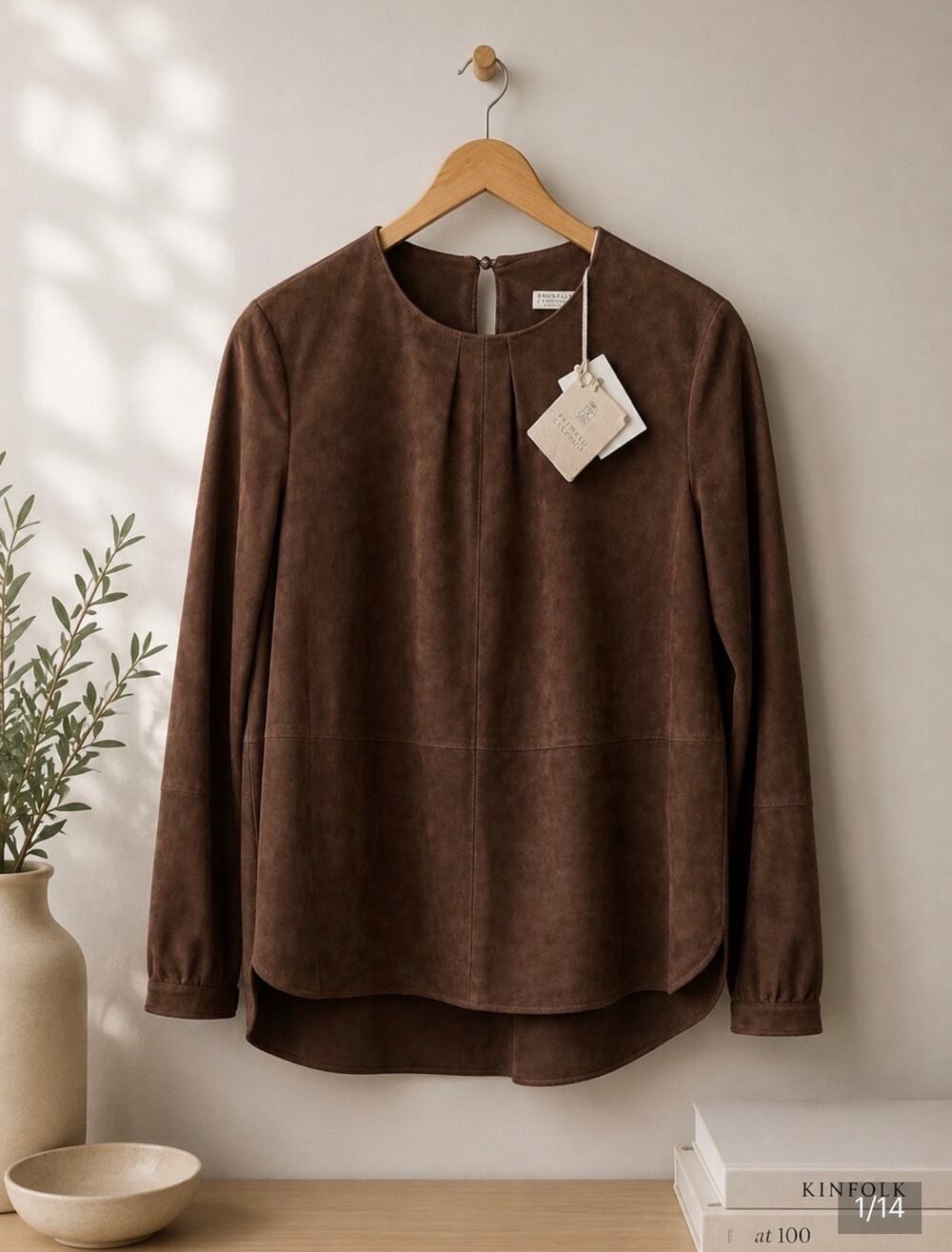 NWT Brunello Cucinelli Rich Brown Italian Leather Suede Shirt Size 40 Women’s